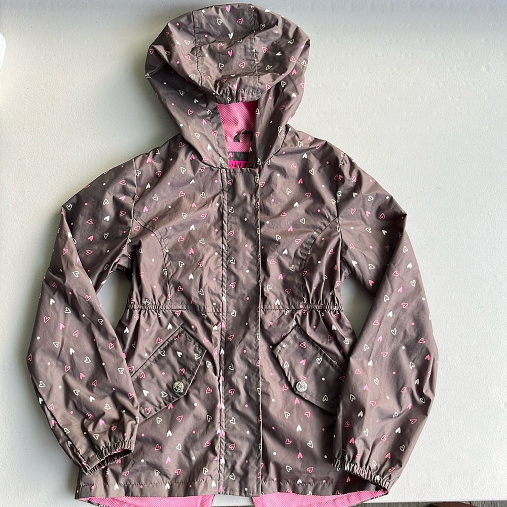 7/8 yr Girls Rain Coat, brown & pink